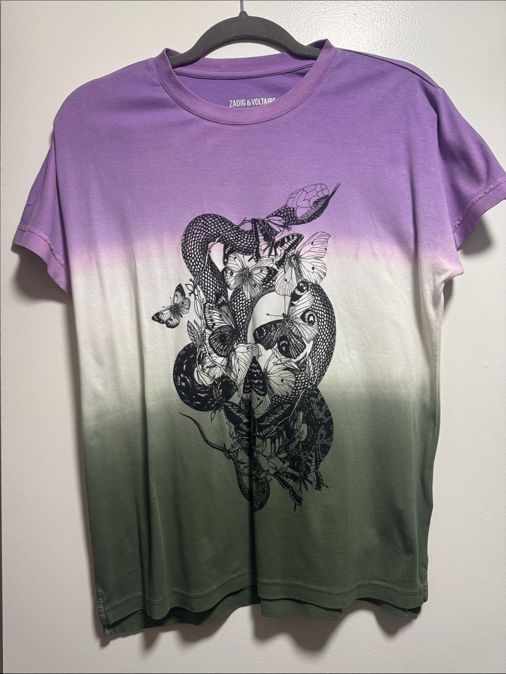 Zadig & Voltaire Purple to Olive Ombre Tee with Black Snake Graphic